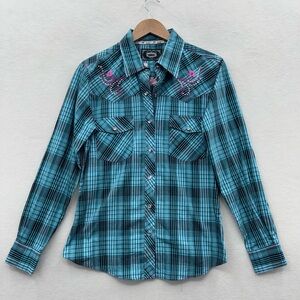 Cowgirl Hardware Women’s Medium Rhinestone Snap Shirt Blue Plaid Floral
